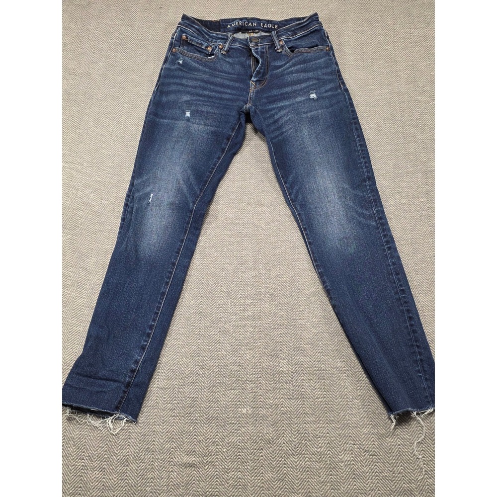 American Eagle Outfitters Women Slim Taper Jean Dark Wash Distressed Size 28x32